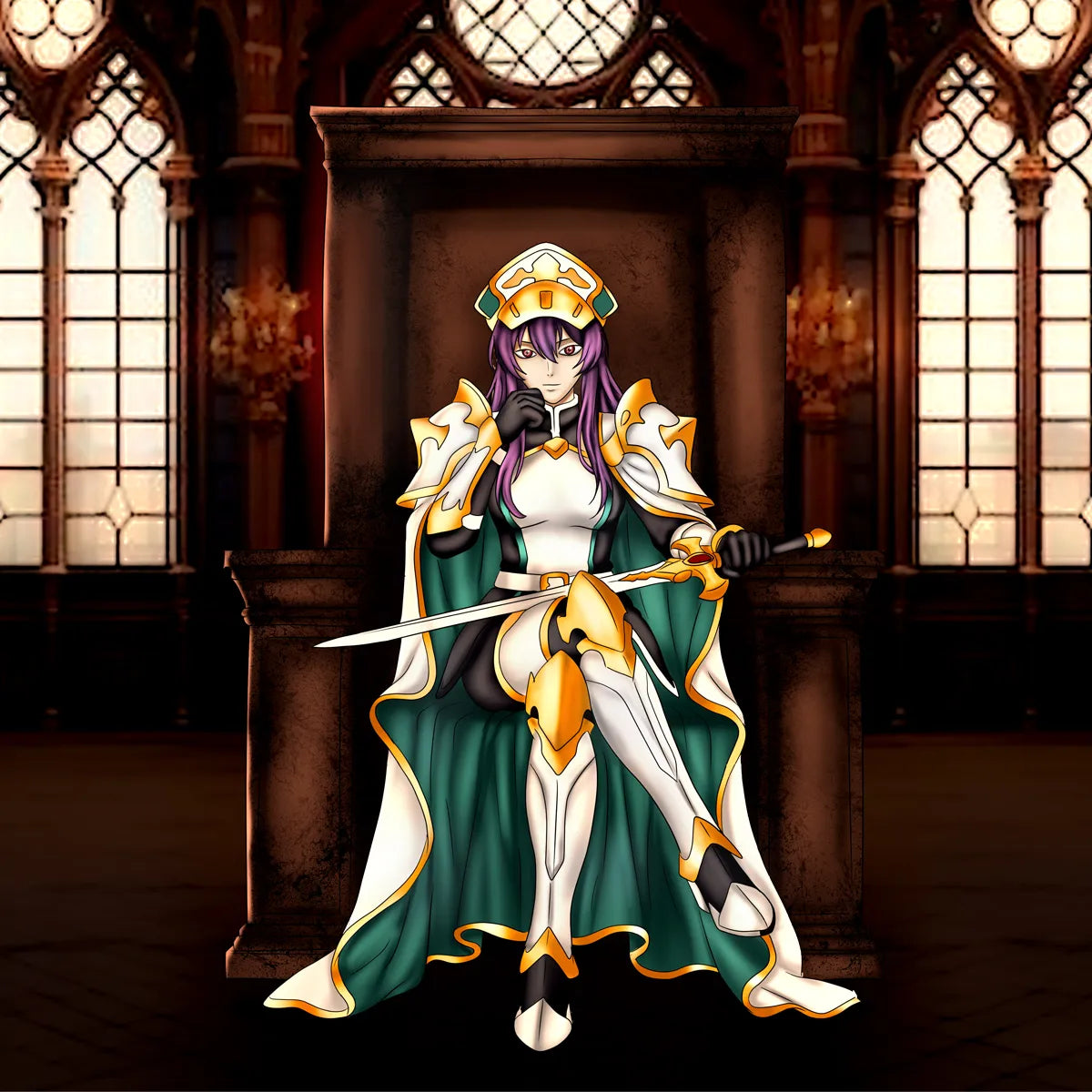 Elaria Veyne seated on a gothic throne wearing white and gold armor with emerald robes and holding a sword