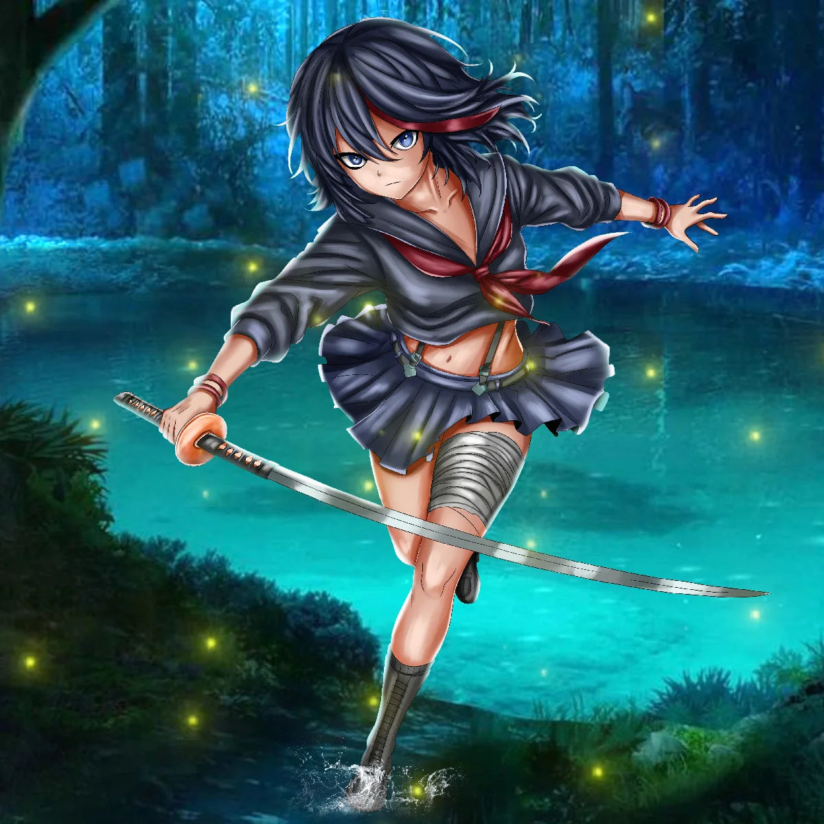 An anime-style illustration of a female warrior character in a dark gray and red schoolgirl outfit, holding a katana while running through a glowing blue forest.