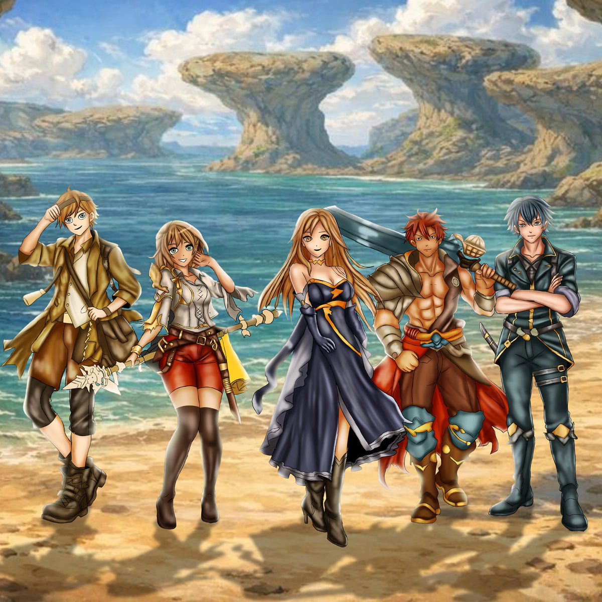 Fantasy anime-style illustration of five characters standing on a sandy beach with ocean water and large rock formations in the background.