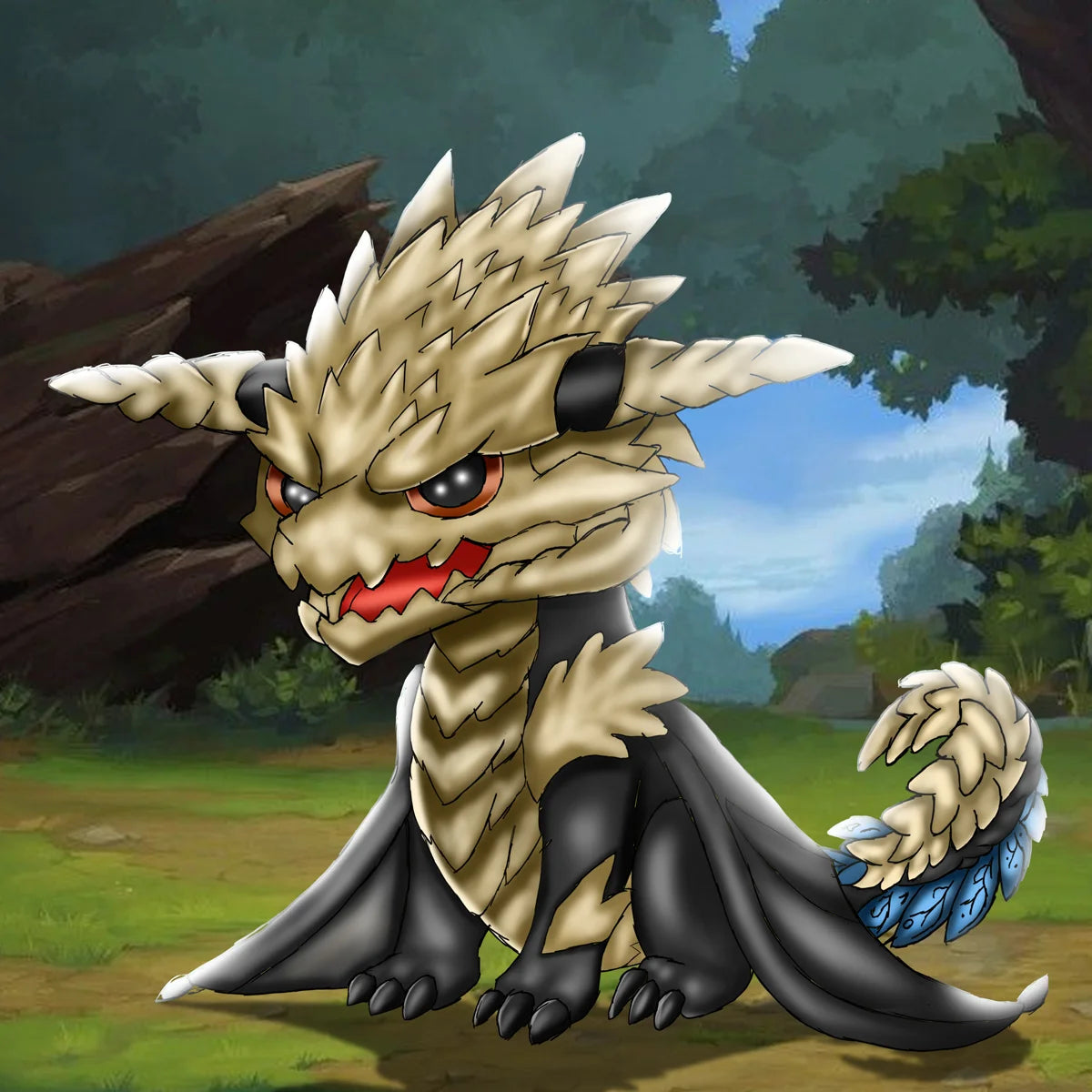 A cute, stylized fantasy dragon character sitting in an outdoor forest setting. The dragon has cream-beige armor plating, black underbelly and wings, red eyes, and a blue feathered tail tip.