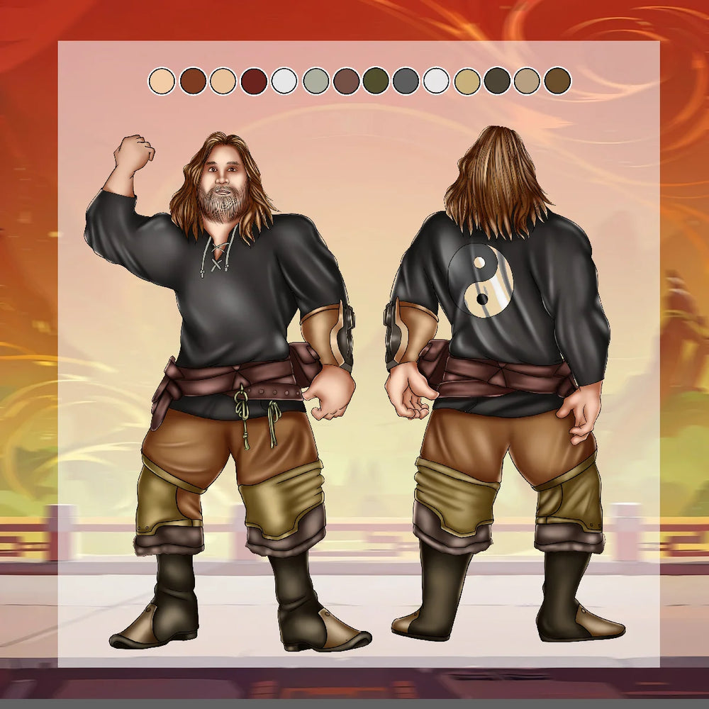 Fantasy warrior character reference sheet showing front and back full-body views with detailed costume, armor, accessories and color palette