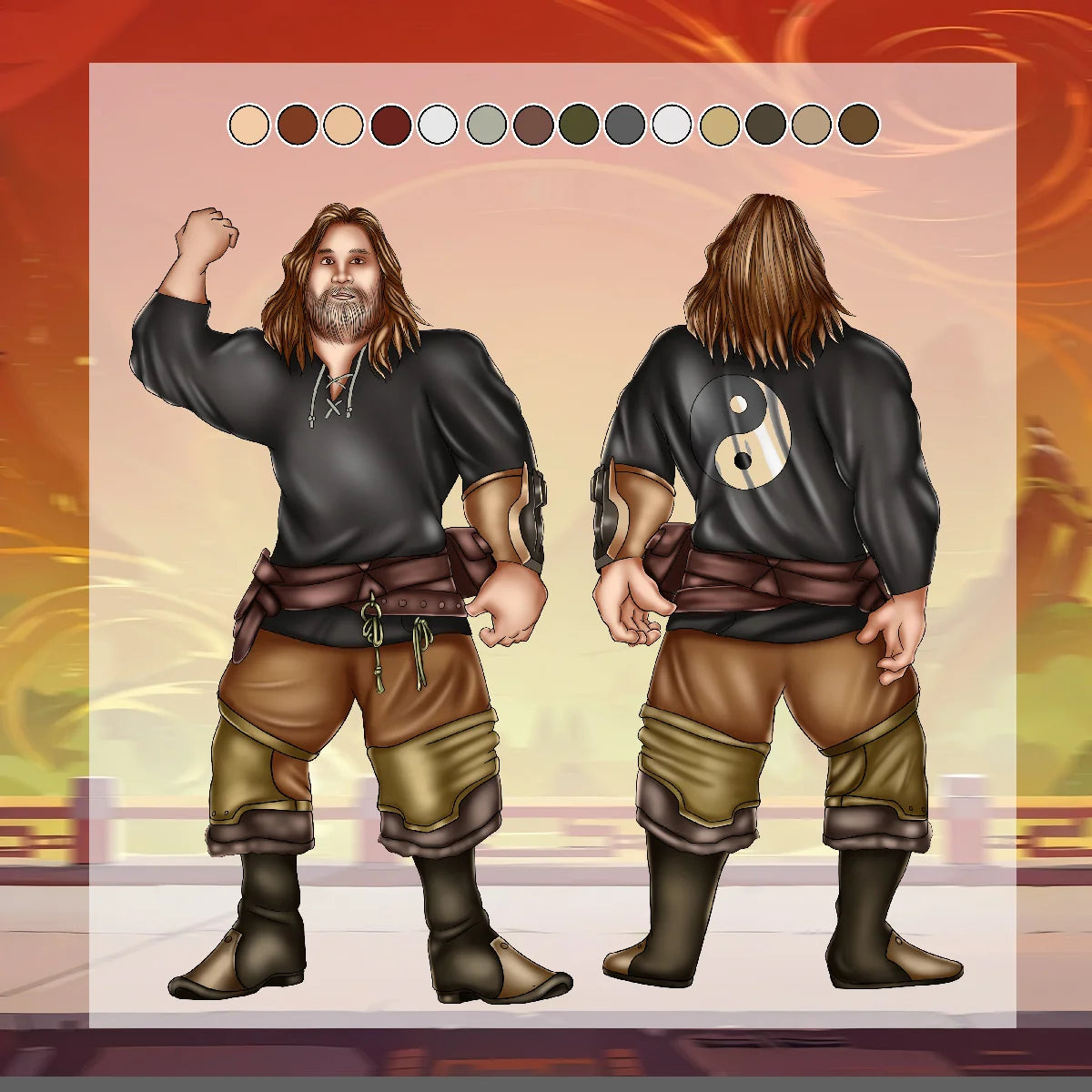 Fantasy warrior character reference sheet showing front and back full-body views with detailed costume, armor, accessories and color palette