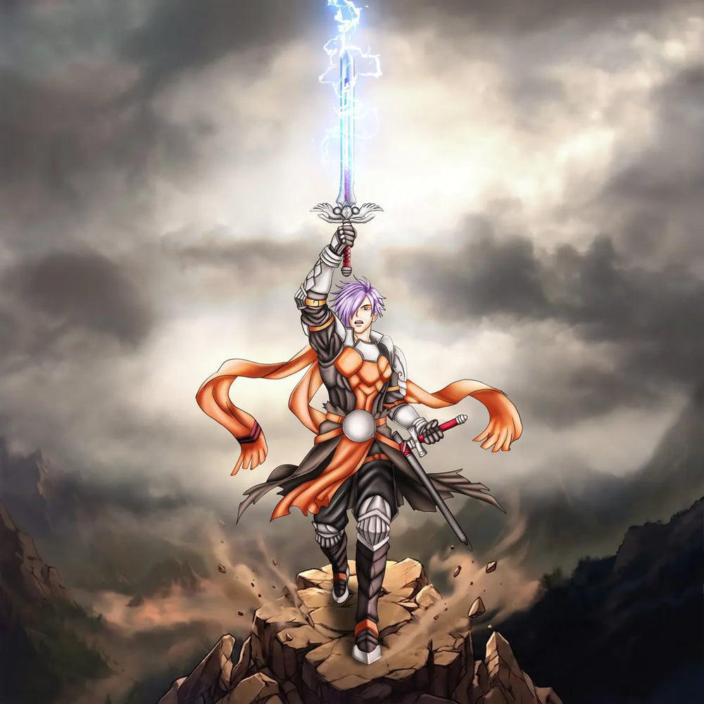 Fantasy digital illustration of a warrior character standing on a rocky cliff under a stormy sky, holding a glowing blue sword overhead with a second sword at his side.