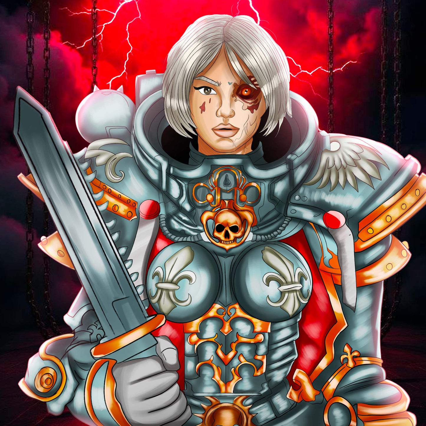 Crimson Battle Sister | Sci-Fi Warrior Digital Illustration