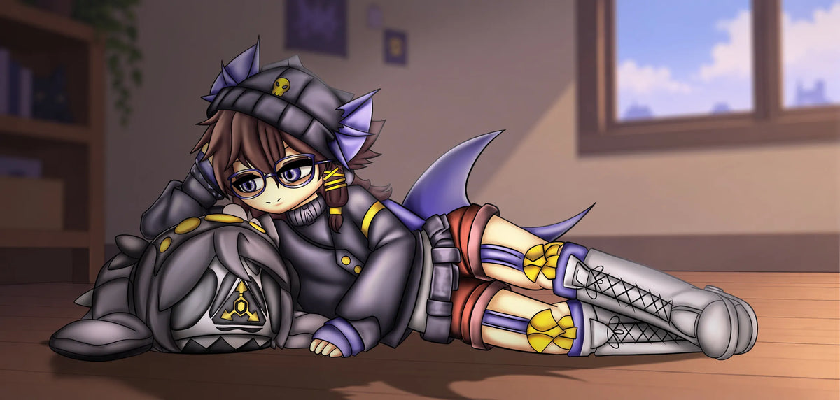 Full-body custom 2D digital art of a gothic anime character lying down with detailed clothing and accessories