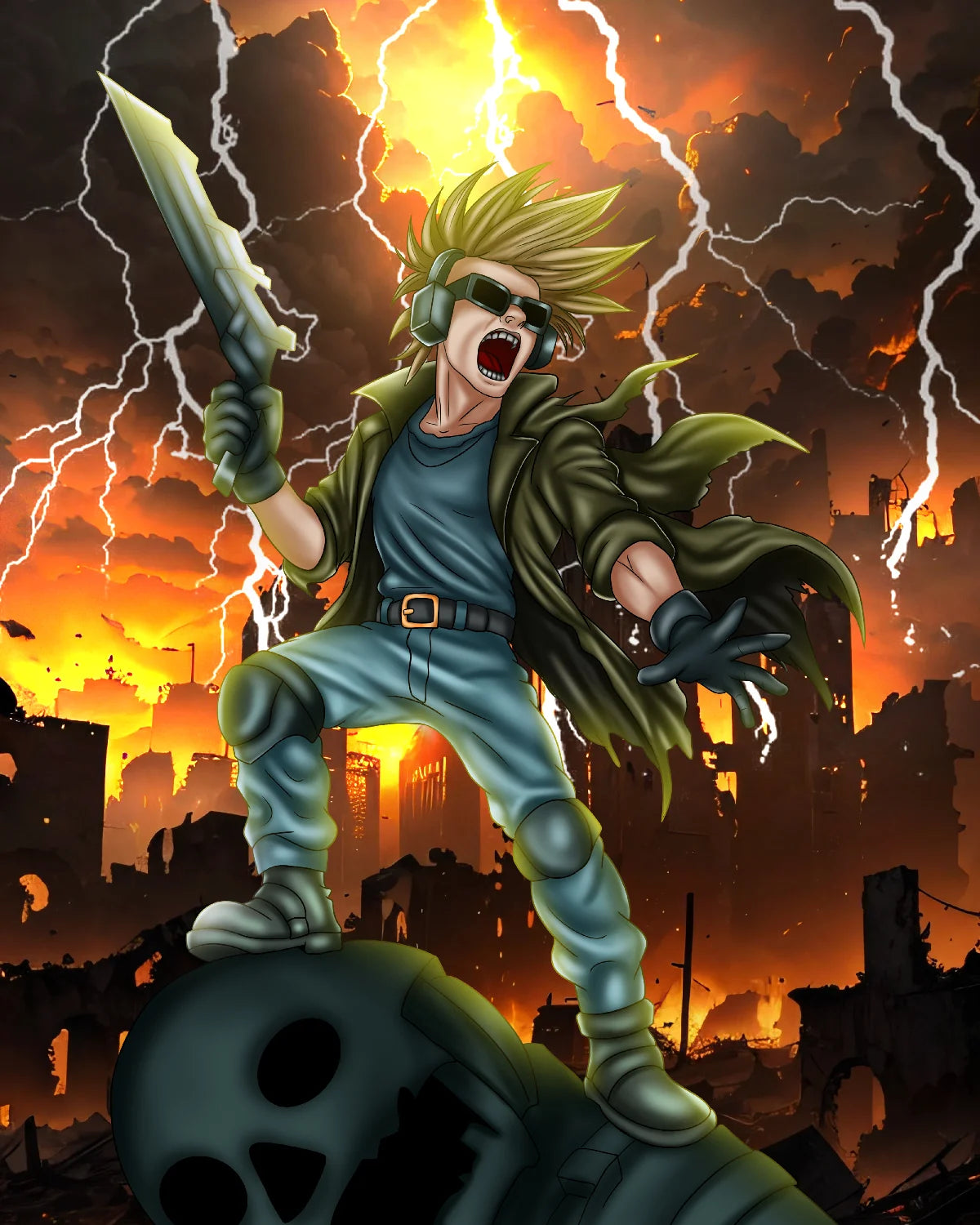 Full-body futuristic warrior with spiked blond hair and large blade standing above a burning city during a lightning storm