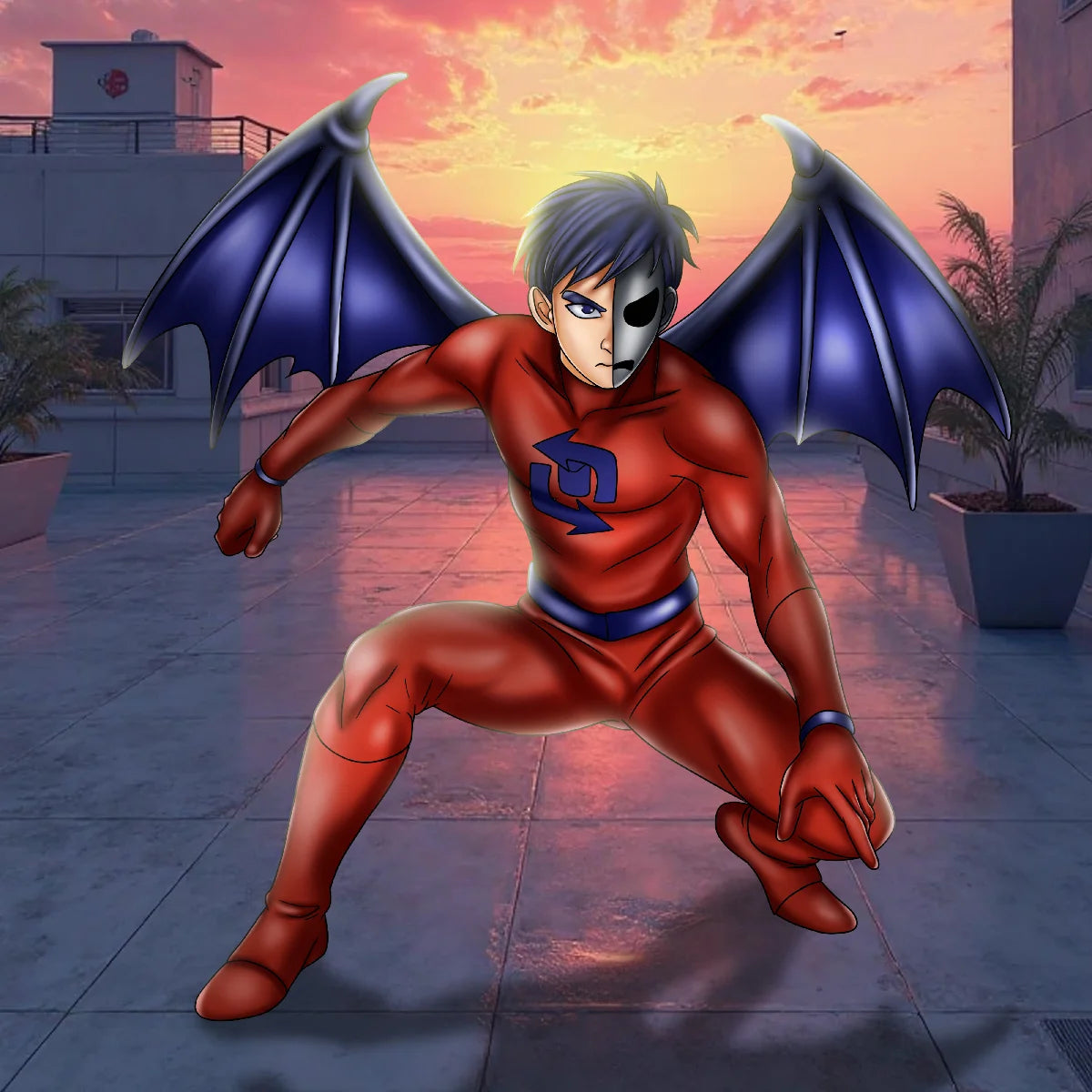 An anime-style digital illustration of a male superhero character crouching in a dynamic pose. He has blue bat-like wings, a black eye patch, and a red bodysuit with a blue emblem on the chest.