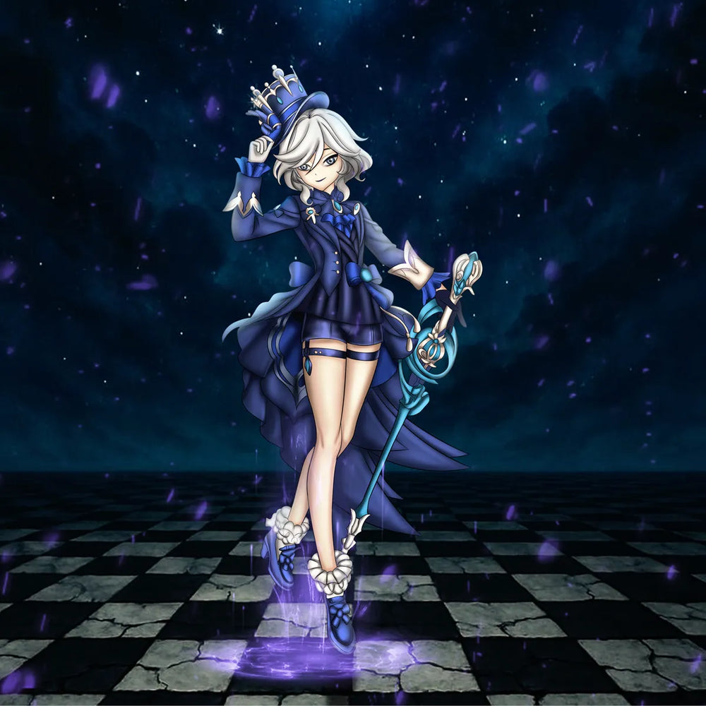 Furina in an elegant blue fantasy outfit holding a magical staff in a dark starry 2D digital illustration