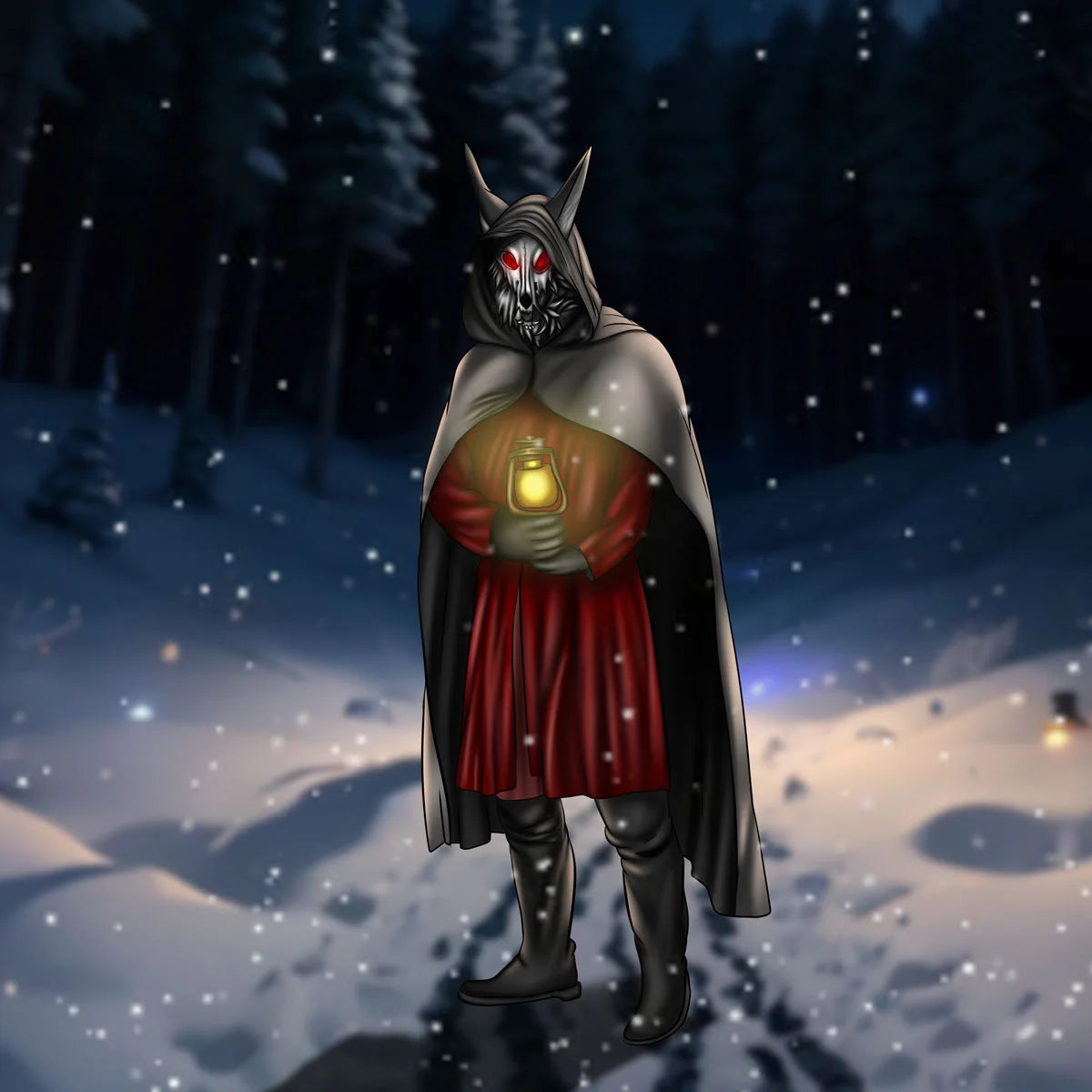 A hooded figure in a dark wolf-like mask stands in a snowy night forest, holding a glowing lantern. The figure wears a red tunic under a long dark cape and black boots, with glowing red eyes.