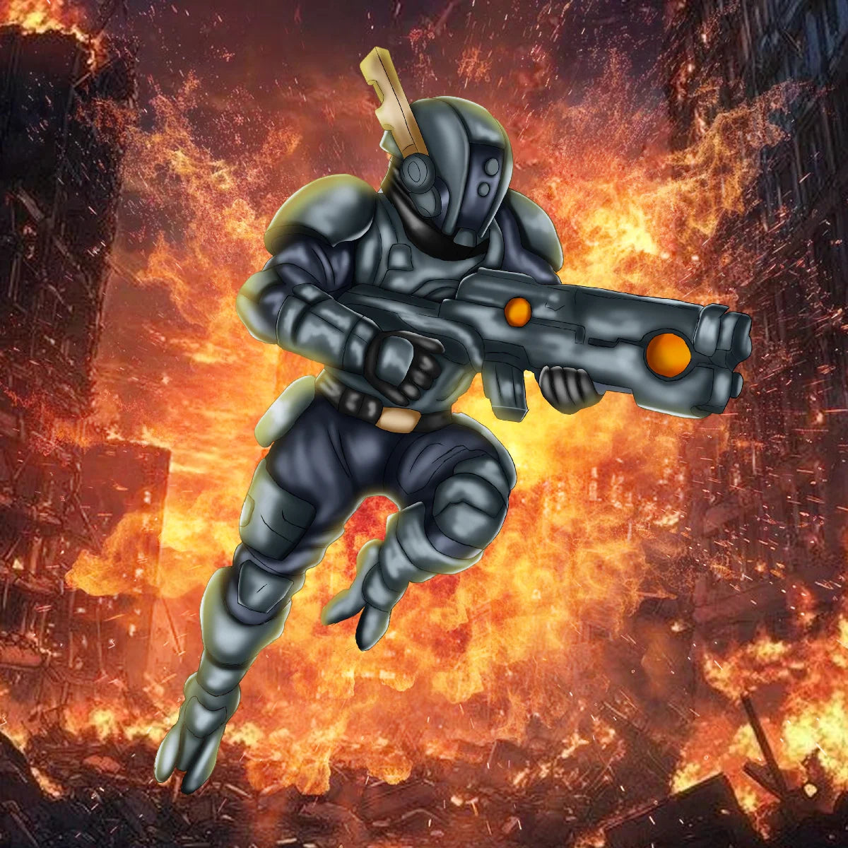 Futuristic armored space marine holding an energy rifle against a fiery battlefield