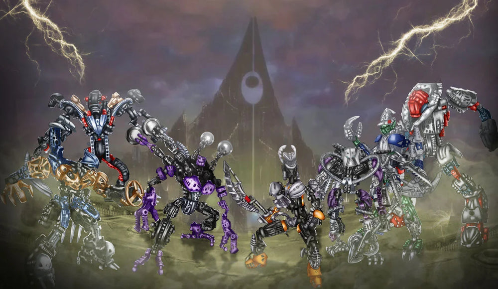 Futuristic robot army concept art collection featuring multiple detailed mechanical characters in a dark sci-fi landscape
