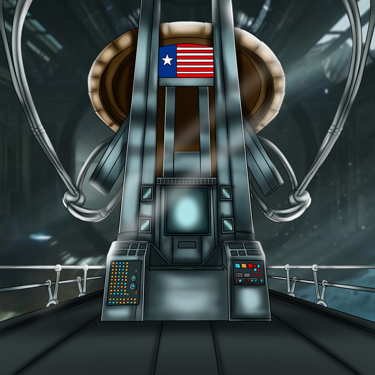 Futuristic sci-fi spacecraft interior environment design with control panels, metallic structures, advanced technology, and space background.