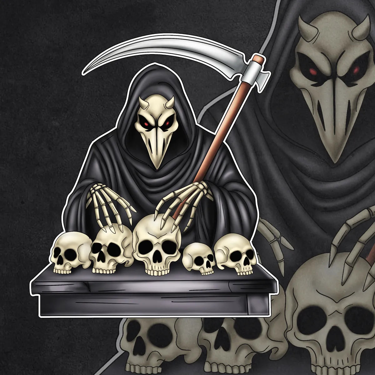 Grim Reaper full character digital art with skull mask, curved scythe, skeletal hands, and multiple skulls