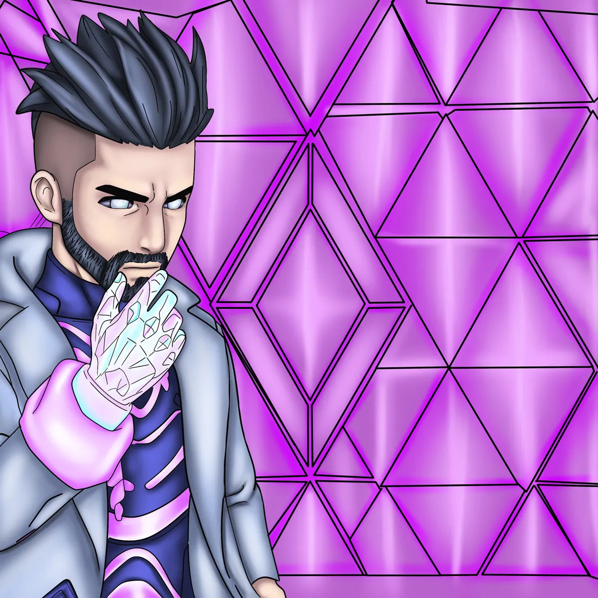 Anime male character digital illustration with purple geometric background