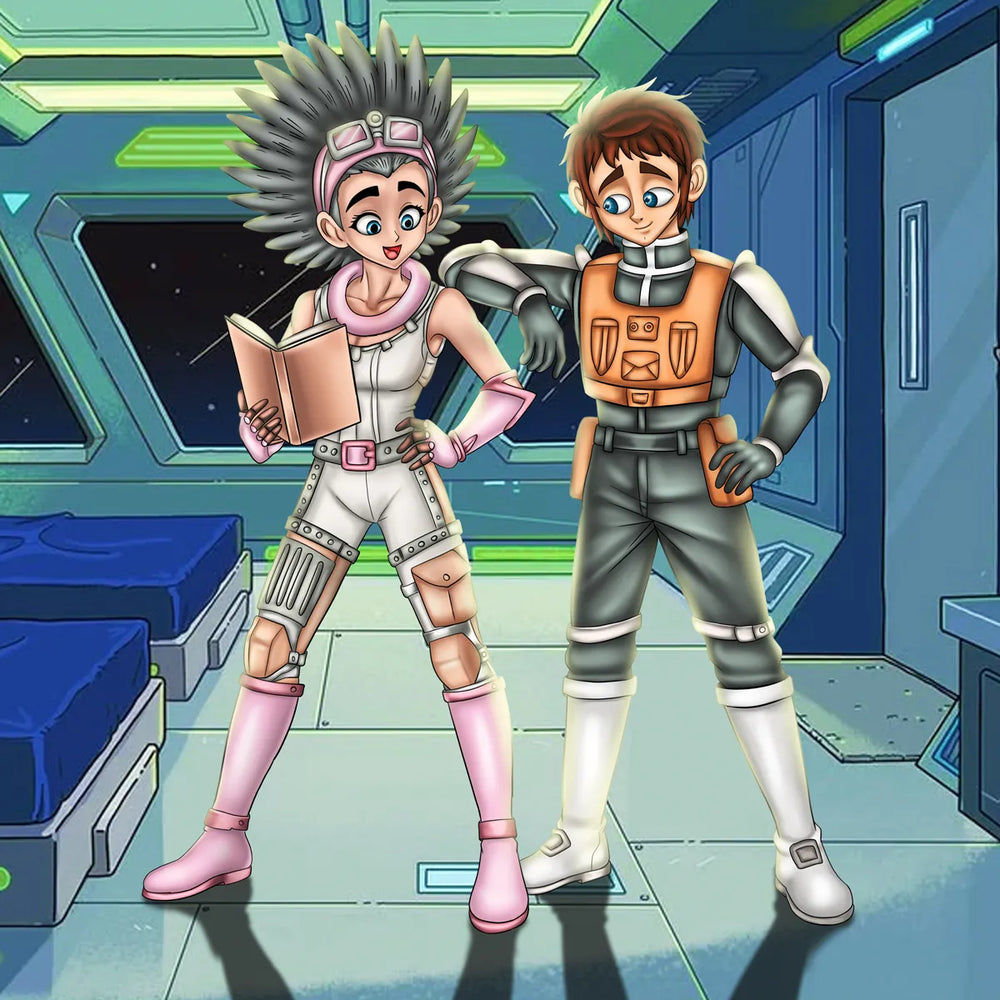 Luna and Orion wearing futuristic astronaut outfits inside a colorful spaceship