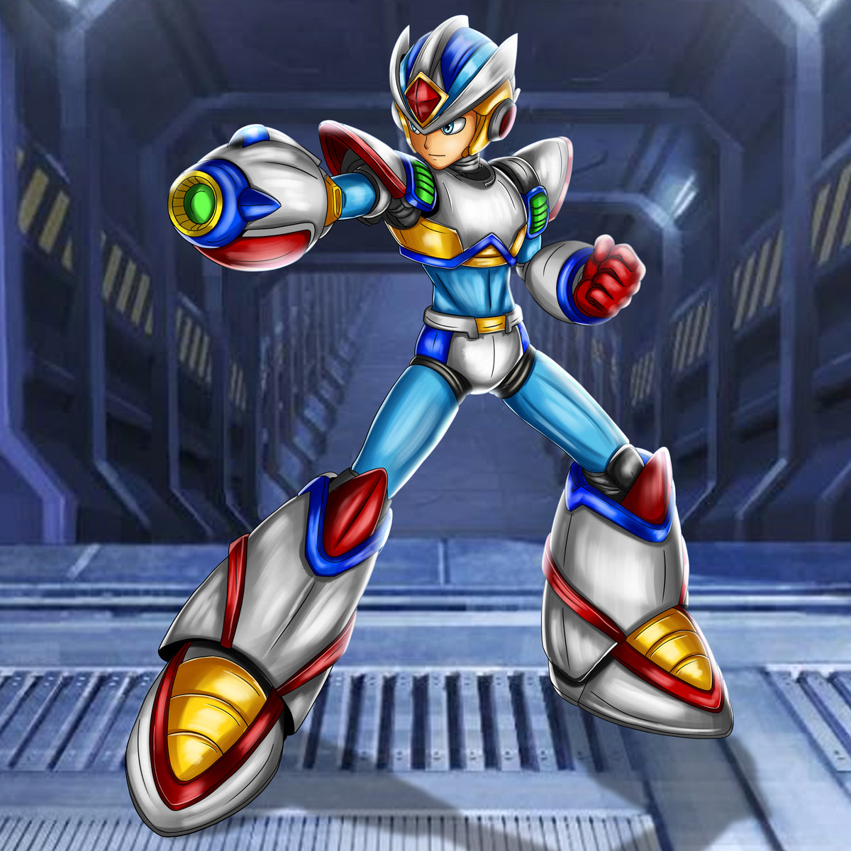 Anime-style robot character illustration on a plain white background, posed in a dynamic action stance with one arm extended forward and the other bent. The character has a white body with blue, red, yellow, and gray accents by Digital Maker World (digitalmaker.world).