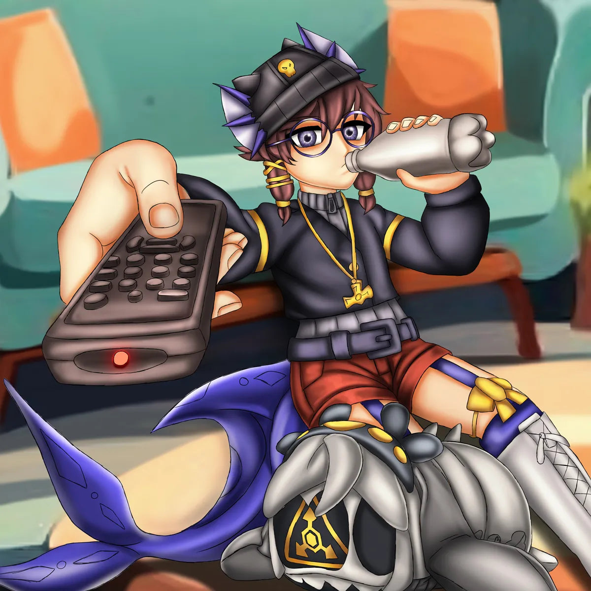 Mika Shadowtail, a gothic anime character in detailed 2D digital artwork with glasses, a black hat, purple tail, and fantasy outfit