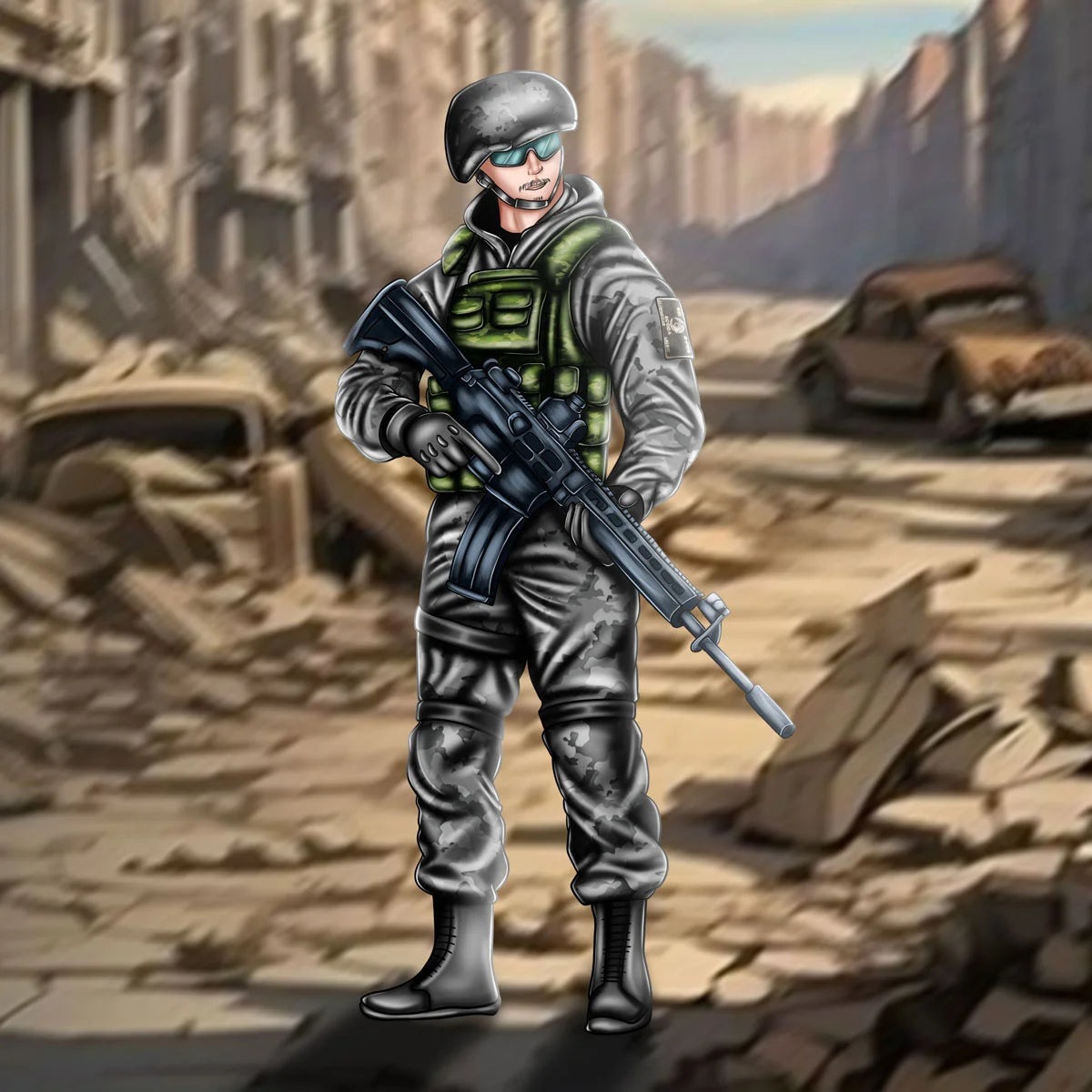 Full-body tactical military soldier in camouflage gear holding a rifle in a destroyed urban battlefield