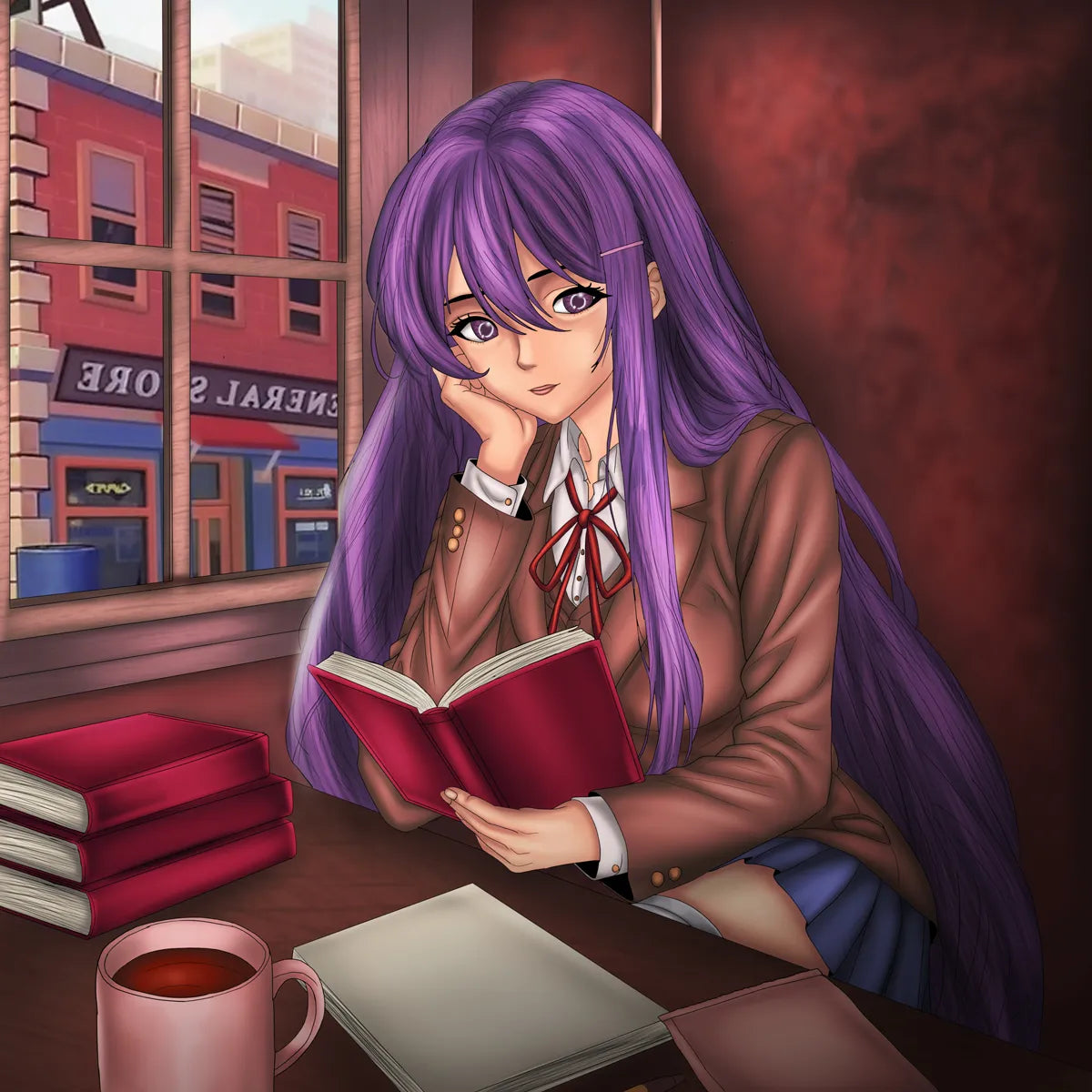 Purple-haired anime girl reading a book – half body digital illustration