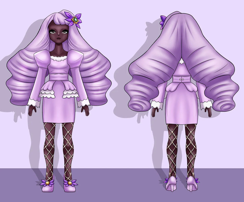 Purple fantasy character reference sheet showing front and back views with lavender hair, detailed dress, floral accessories, and purple shoes.