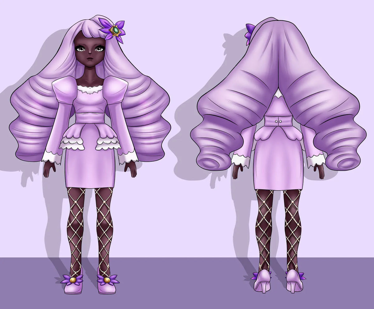 Purple fantasy character reference sheet showing front and back views with lavender hair, detailed dress, floral accessories, and purple shoes.