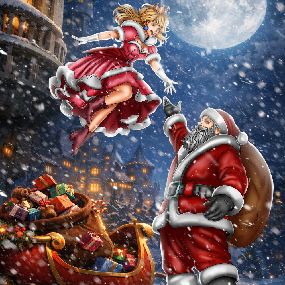 A festive illustrated holiday scene with Santa Claus in a red suit reaching up toward a floating woman in a red and white dress, while a sleigh filled with wrapped gifts rolls through falling snow at night. The background shows snowy buildings and a large moon.