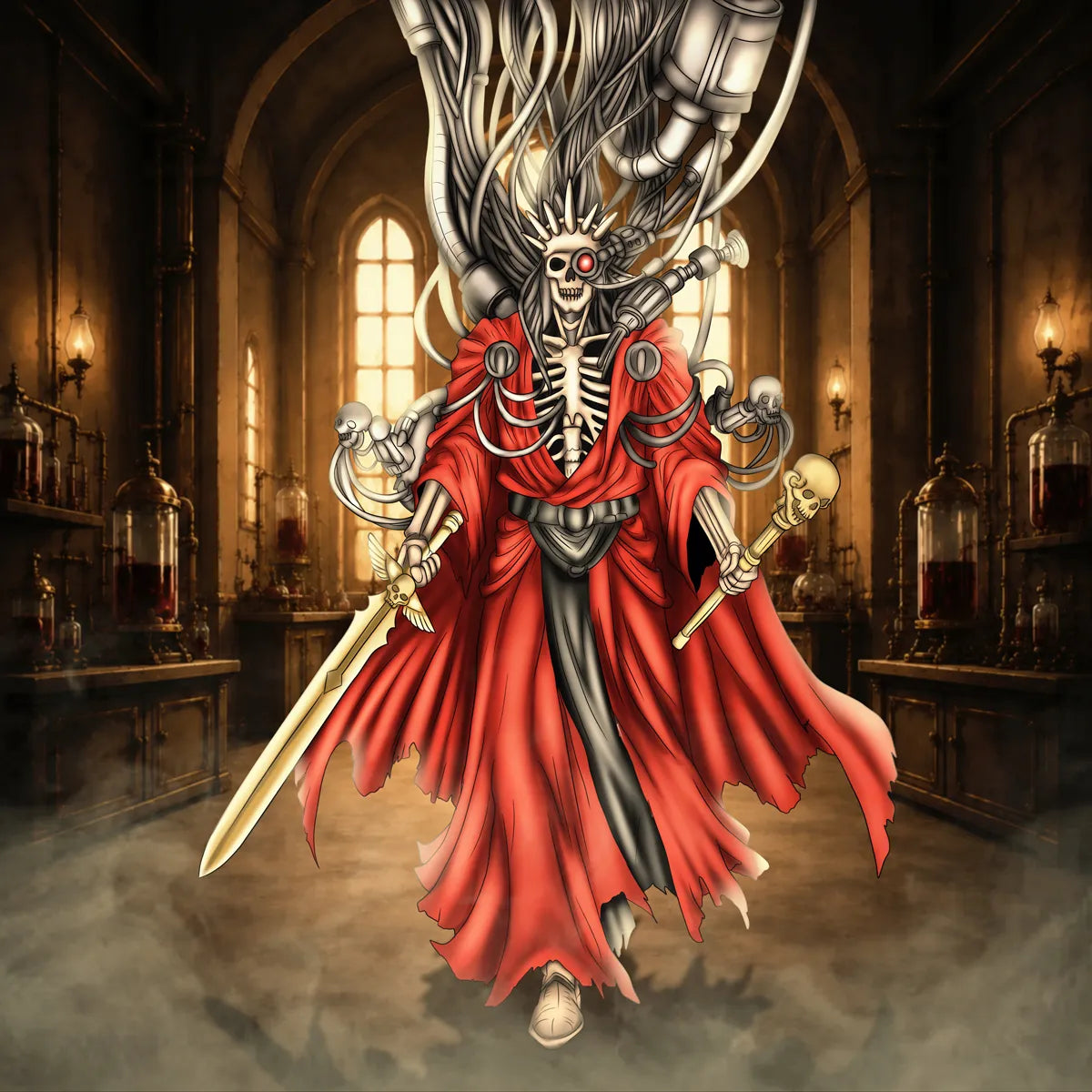 Skeletal warrior in flowing red robes holding skull-themed weapons inside a dark gothic laboratory, 2D fantasy character artwork.