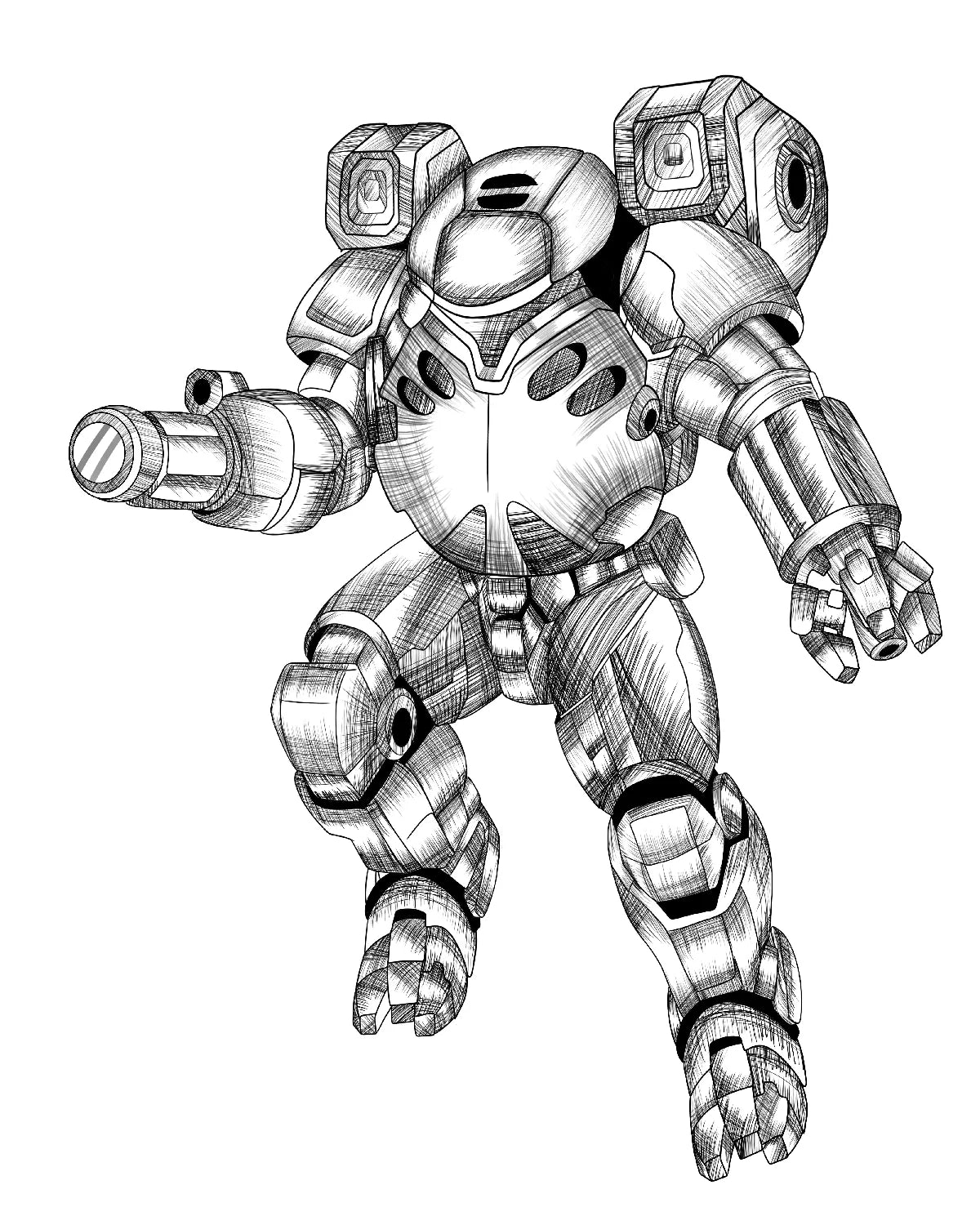 A black and white hand-drawn sketch of a futuristic mecha robot, shown in a dynamic pose with a mounted gun on its left arm against a plain white background.