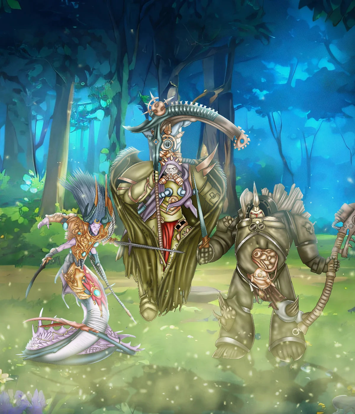 Three fantasy warrior characters with detailed armor and weapons in an enchanted forest digital artwork
