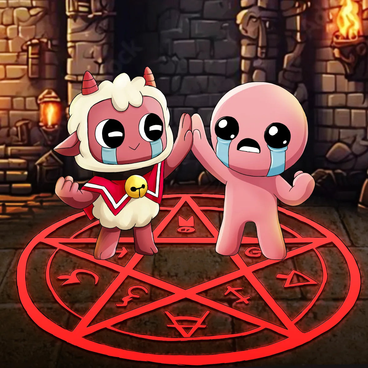 Two cute cartoon characters standing on a glowing red pentagram in a dark stone room. The left character has pink skin, white wool-like hair, small red horns, and a red outfit with a yellow bell.
