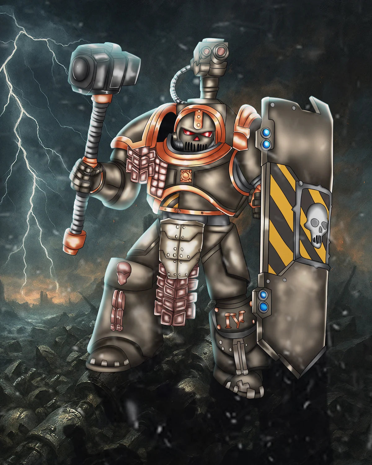 Warhammer-inspired space marine in heavy power armor holding a war hammer and shield on a dark battlefield