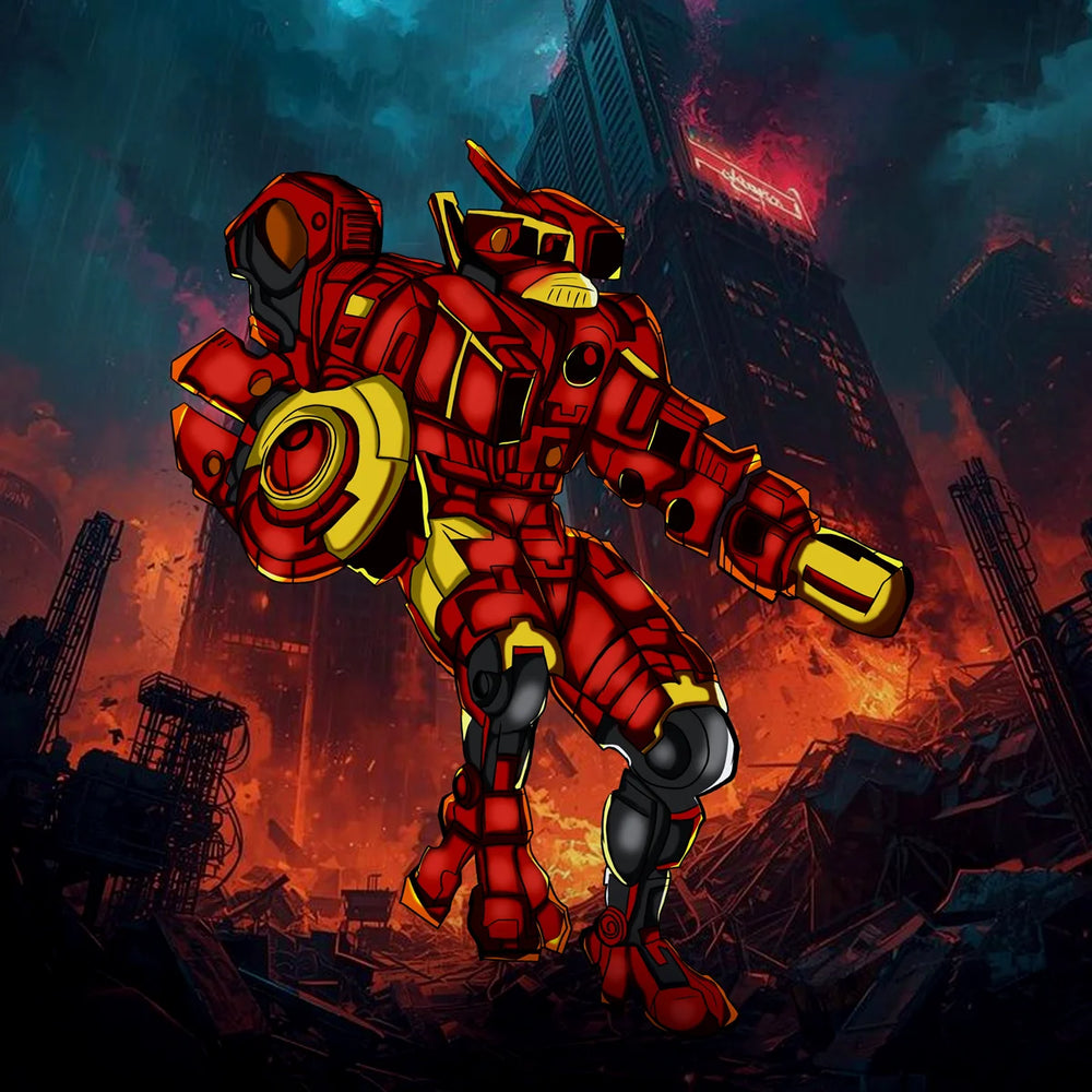 A stylized digital illustration of a red and yellow mecha robot standing in a ruined futuristic city with dark smoke, fire, and tall buildings in the background.