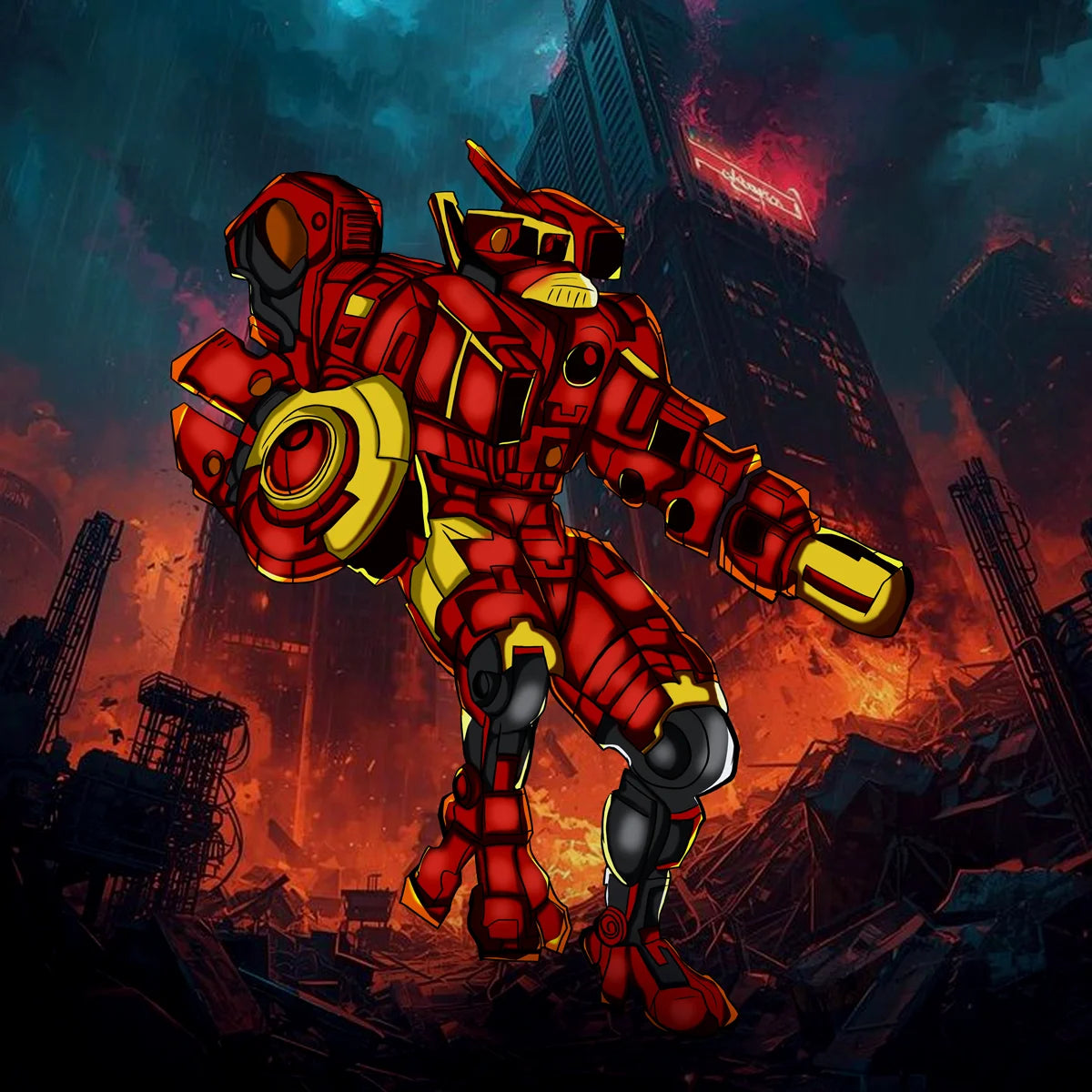A stylized digital illustration of a red and yellow mecha robot standing in a ruined futuristic city with dark smoke, fire, and tall buildings in the background.