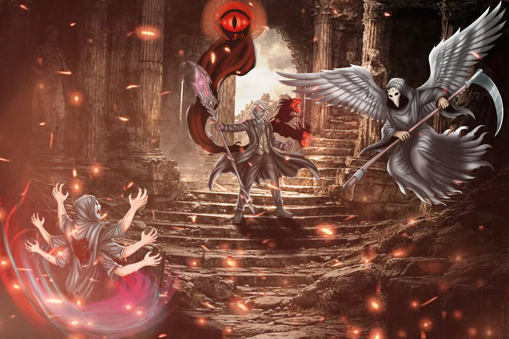 Fantasy illustration of three winged skeletal figures in a dark stone temple with glowing embers. One figure on the left casts pink magic, one in the center holds a glowing orb, and one on the right wields a large scythe.