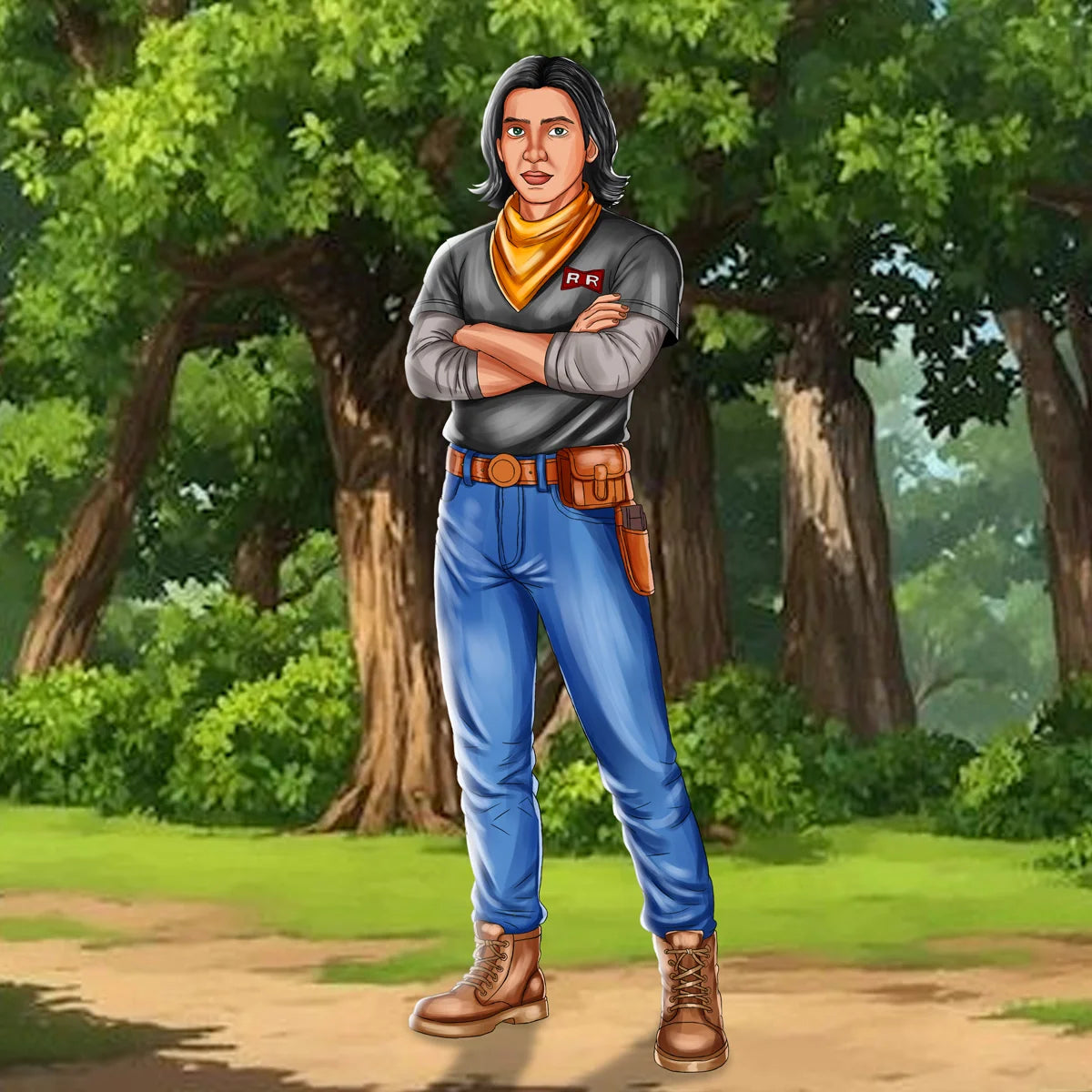 A stylized illustrated character standing in a forest, wearing a gray long-sleeve shirt, bright yellow neck gaiter, blue jeans, brown belt and boots, with a utility pouch at the waist.