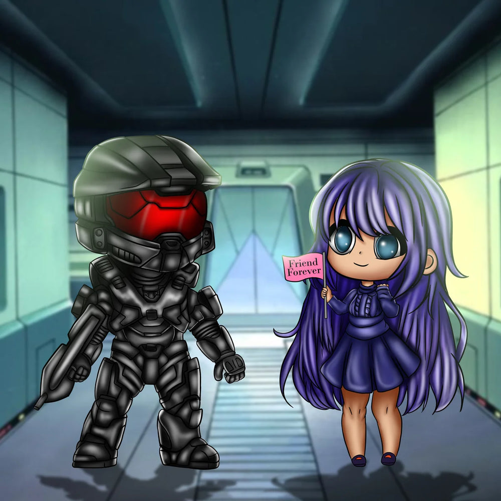 Chibi-style digital illustration of two characters standing in a futuristic corridor: a black armored figure with a red visor on the left and a purple-haired girl in a dark dress holding a pink sign that reads 'Friend Forever' on the right.