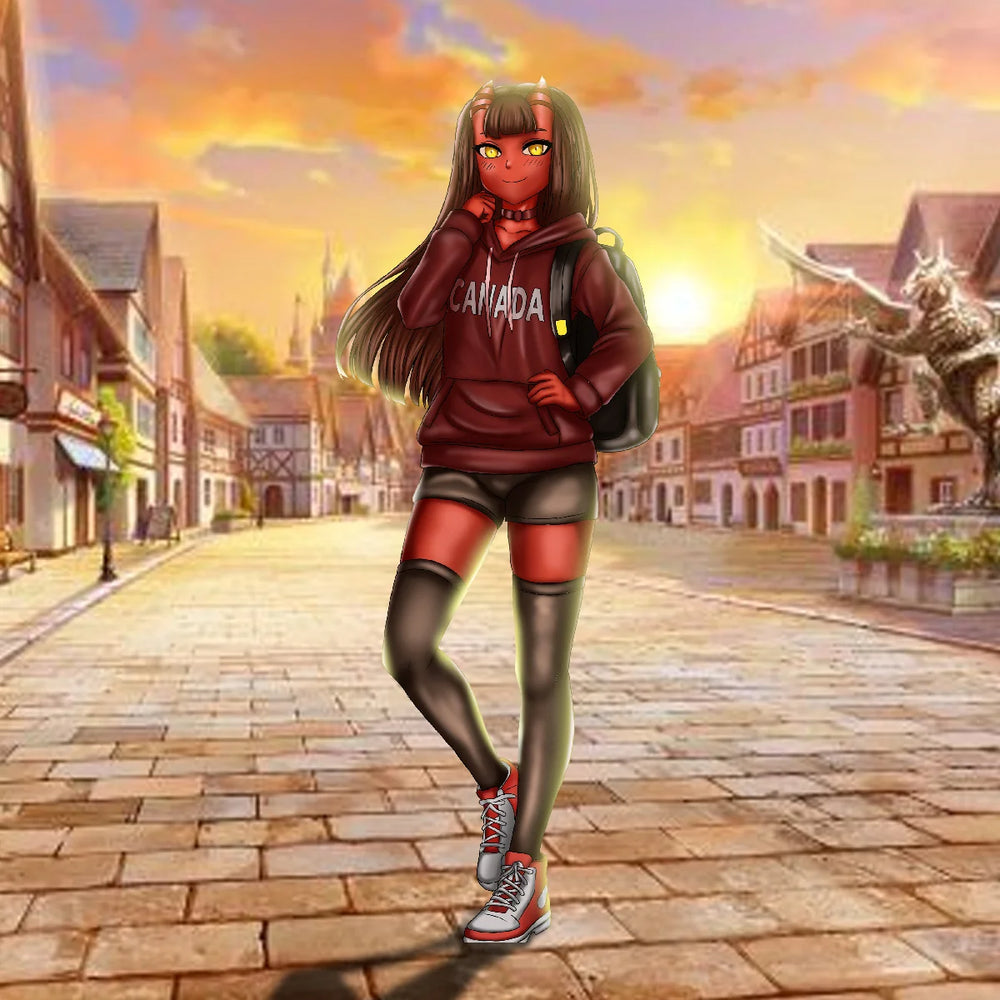 A stylized digital illustration of a young woman standing on a cobblestone street in a European town square at sunset. She wears a dark red hoodie with 'CANADA' printed across the chest, dark shorts, thigh-high stockings, and red-and-white sneakers.
