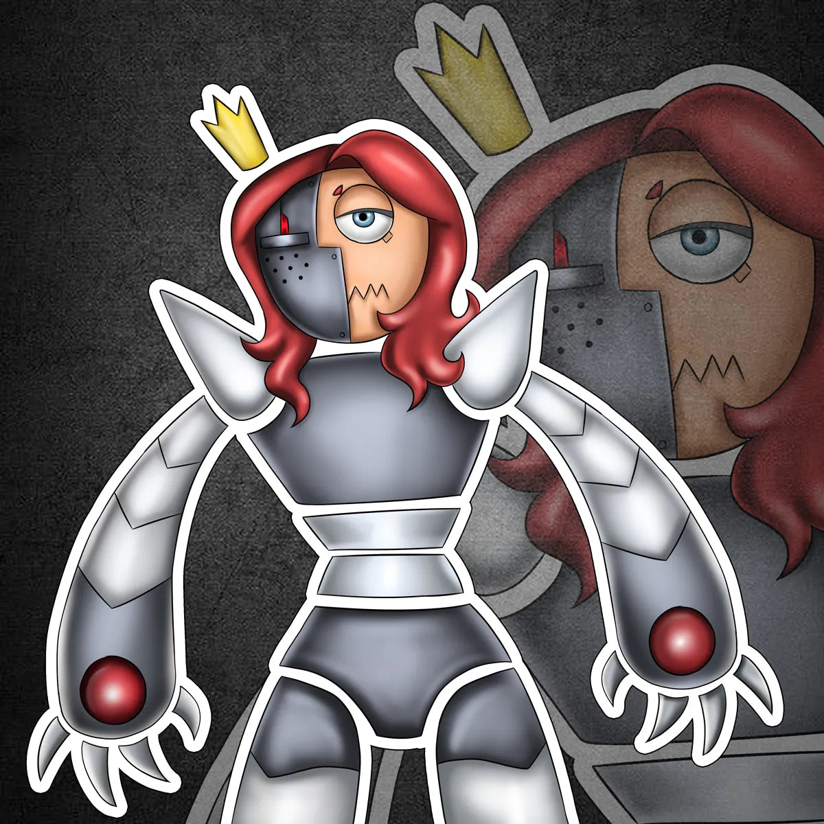 A stylized illustrated character sticker or decal showing a robot-like figure with red hair, a gold crown, silver armor, and clawed hands on a dark textured background. A faded duplicate face appears behind it.