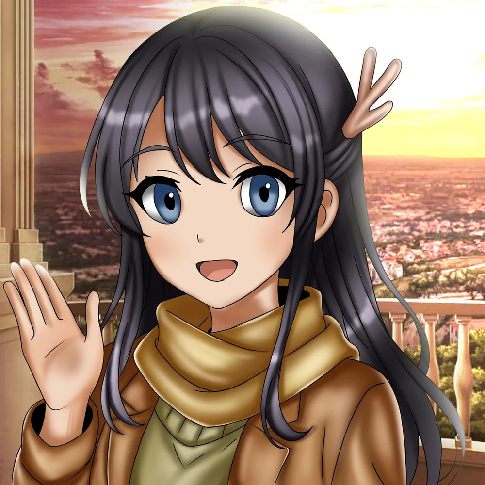 Anime-style illustration of a girl with long dark hair, blue eyes, and small antler-like hair accessories, wearing a brown coat and tan scarf, waving in front of a sunset cityscape.