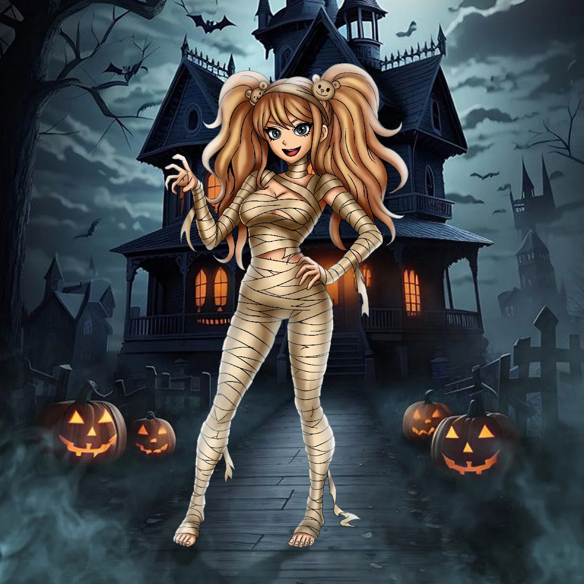 Full Body Halloween mummy girl 2D digital illustration with haunted house and glowing pumpkins