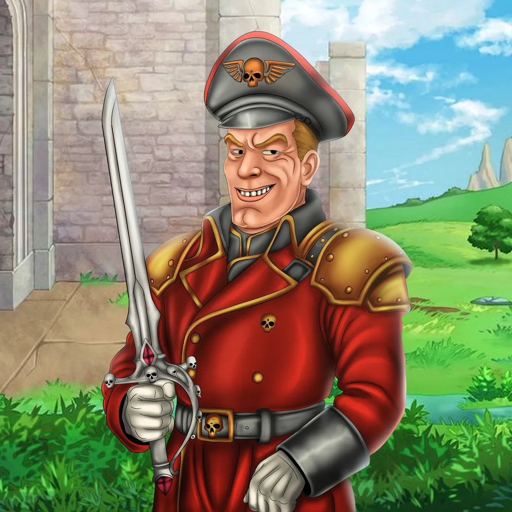 Full body fantasy soldier digital character illustration in red armor holding an ornate sword