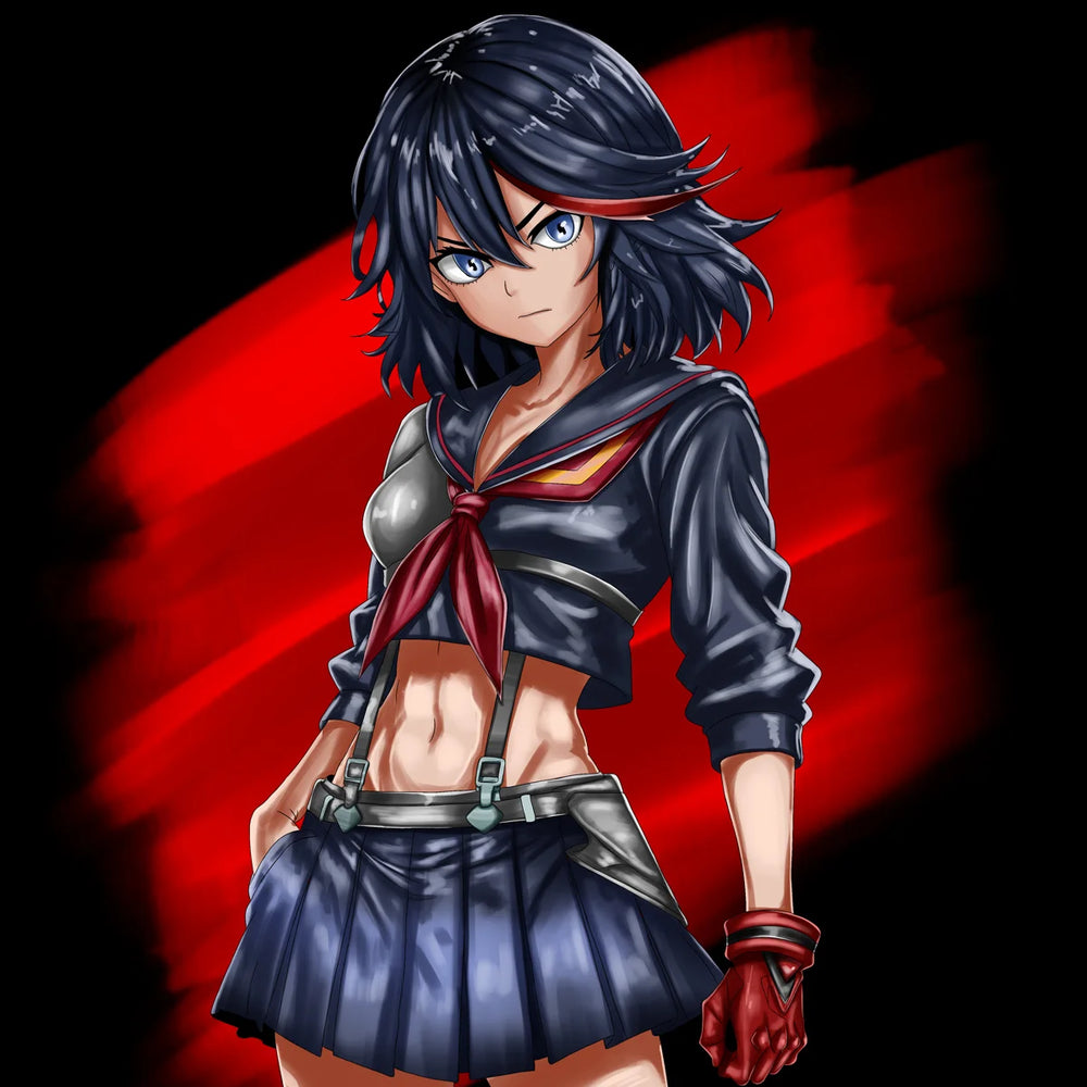 An anime-style illustration of a female warrior character in a dark gray and red schoolgirl outfit, halfbody