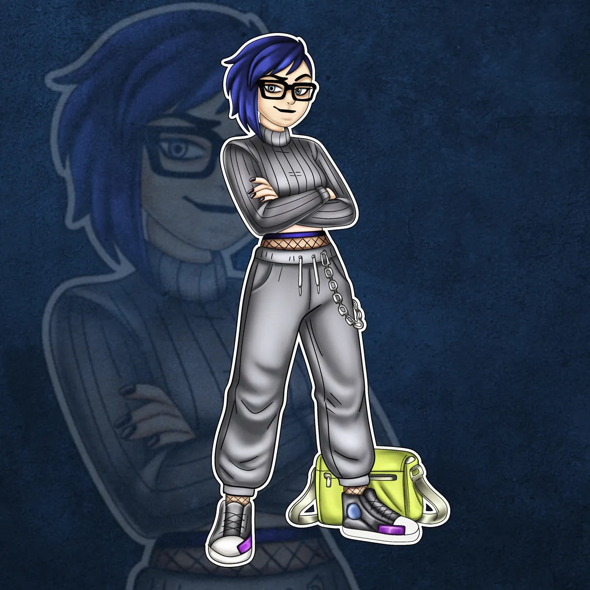 Full body blue-haired anime girl digital art with glasses, gray sweater, wide-leg pants, sneakers, and lime-green bag.