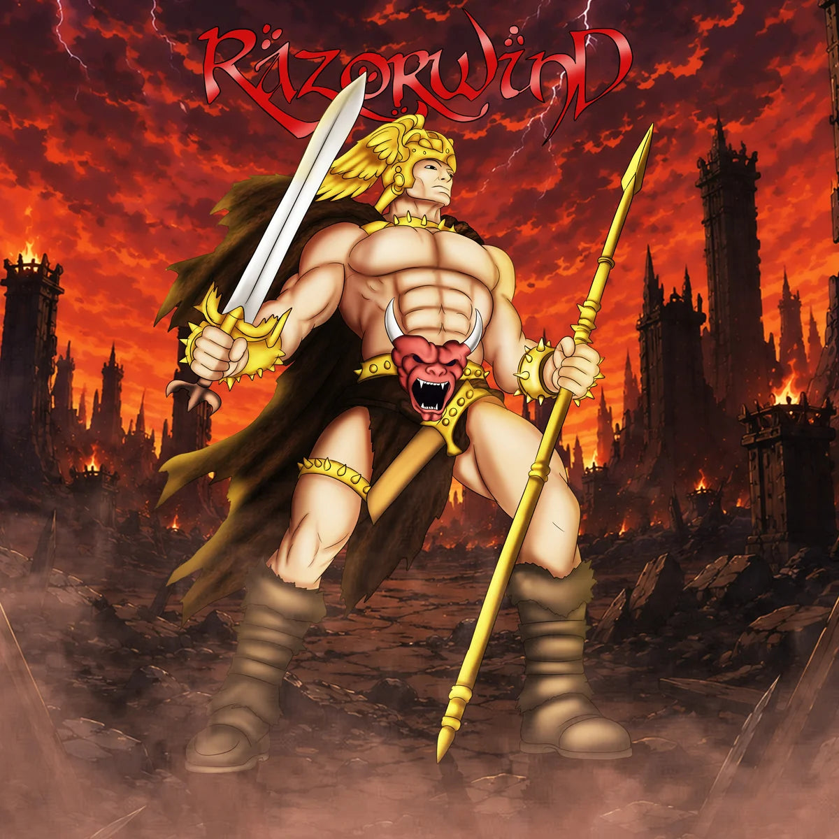 Album cover art for Razorwind, featuring a muscular blond warrior holding a sword and spear against a fiery red and orange sky with ruined towers in the background.