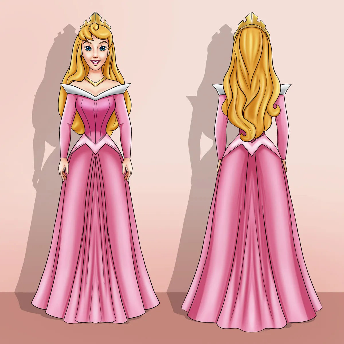 Front and back views of an illustrated princess dress on a pale pink background. The character wears a long pink gown with long sleeves, a white collar detail, and a gold crown, with long blonde hair.