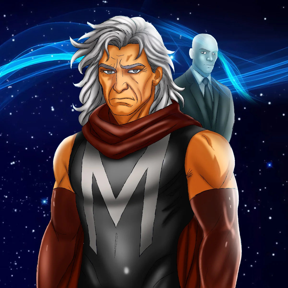 Mysterious Grey-Haired Warrior – 2D Half-Body Character Art