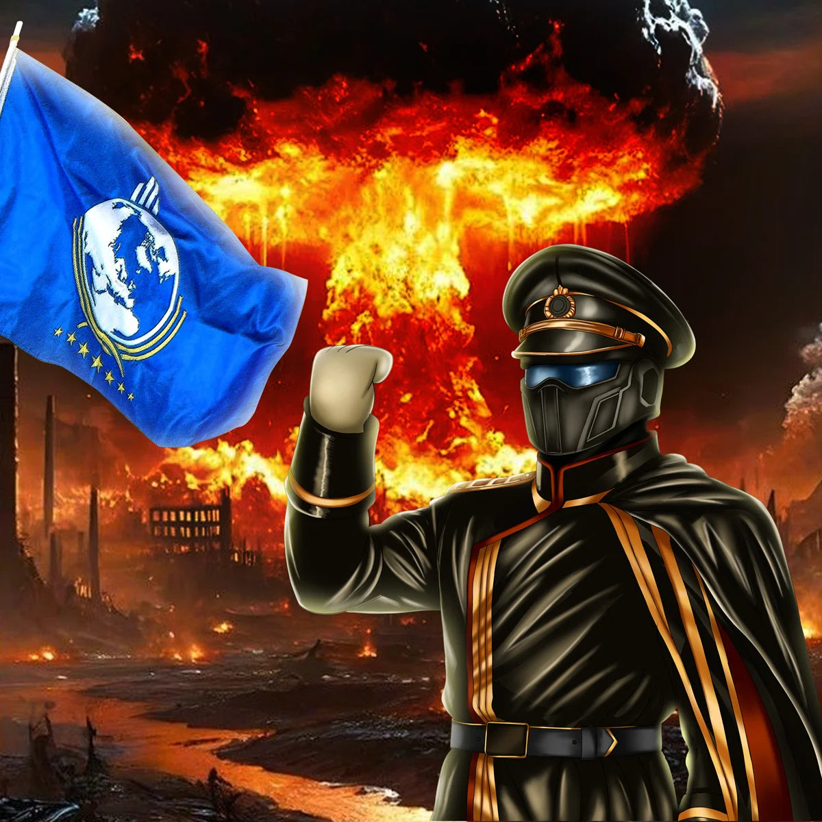 A stylized digital illustration of a futuristic soldier in black and gold uniform raising a fist, with a blue flag featuring a globe emblem in the foreground and a massive fiery explosion behind him in a war-torn landscape.