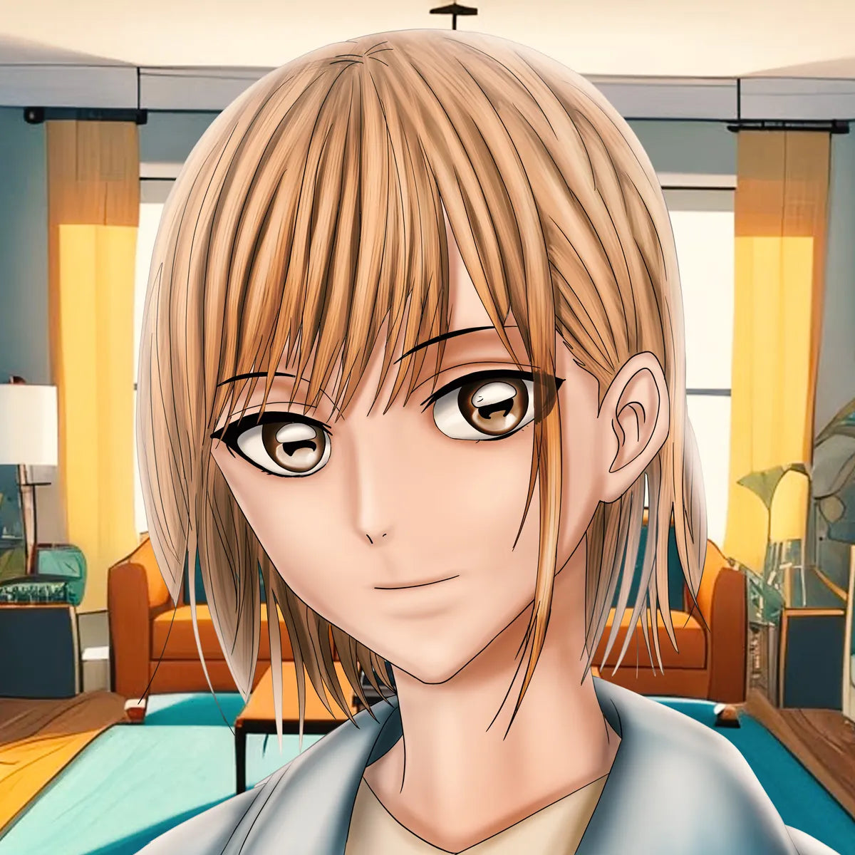 Anime-style digital illustration of a young woman with short blonde hair and large brown eyes, shown in a close-up portrait inside a modern living room.