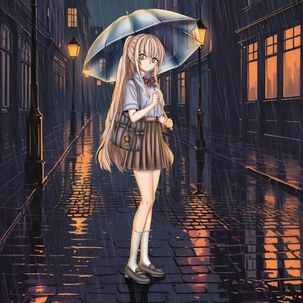 An anime-style illustration of a girl with long blonde hair standing in a rainy city street at night, holding a translucent blue umbrella. She wears a school uniform with a pleated brown skirt, white blouse, and dark brown bag.