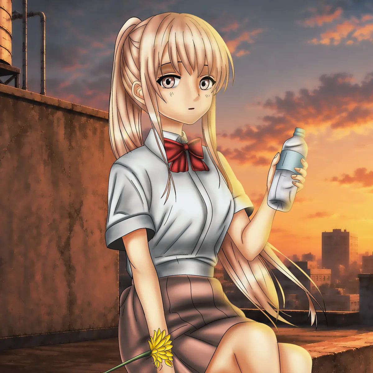 Blonde Anime Full Body Schoolgirl with Water Bottle – 2D Character Artwork